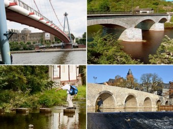 Bild oben links: Der Holbeinsteg in Frankfurt am Main (© Mario Hornitschek), Bild oben rechts: Die Marmorbrücke in Villmar an der Lahn (© HR), Bild unten links: Schrittsteine über die Lauter in Lauterbach (© HR), Bild unten rechts: Die Alte Lahnbrücke in Wetzlar (© Astrid Dermutz)