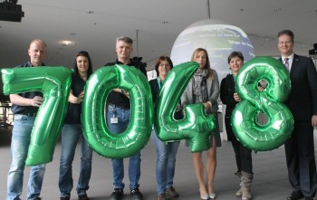 7.048 Euro für den guten Zweck: (v.l.) Die B. Braun-Mitarbeiter Stefan Herpe, Nina Schober, Dimitri Posev, Nicole Hildebrand (3.v.r.) und Werkleiter Manfred Herres (rechts) haben das Geld symbolisch in Form von Luftballons an Anke Griesel und Gaby Bongard vom Verein „Kleine Riesen Nordhessen“ übergeben. Foto: nh