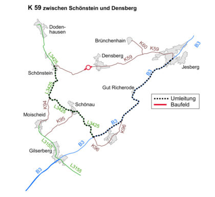 Vollsperrung der K59 und Umleitungsempfehlung. 