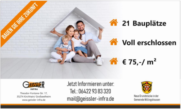 Mit großformatiger Werbung wirbt Willingshausen für den Verkauf neuer, voll erschlossener Grundstücke. Foto: Gemeinde Willingshausen
