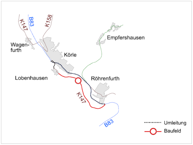 Für die Dauer der zweiphasigen Bauarbeiten wird der Kraftverkehr über die B83 umgeleitet. Mit Verkehrsbeeinträchtigungen ist vom 15. Juli bis 9. August zu rechnen. 
Repro: Hessen Mobil