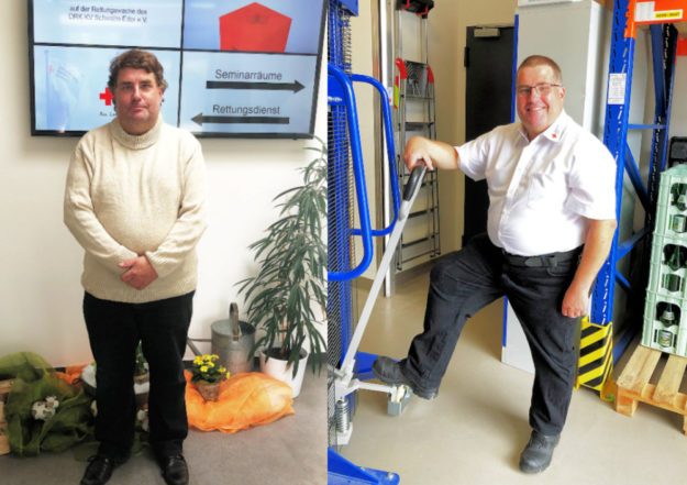 Auch optisch hat sich Einiges getan: Stefan Elsner vor seiner Einarbeitung (linkes Bild) und in DRK-Arbeitskleidung (rechts). Fotos: Jobcenter