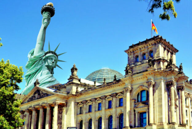 Miss Liberty und Reichstag – zur Teilnahme am Parlamentarischen Patenschaftsprogramm lädt die Bündnisgrüne Bettina Hoffmann (MdB) ein. Fotos: Patricia van den Berg / Gerald Schmidtkunz | Montage: seknews.de