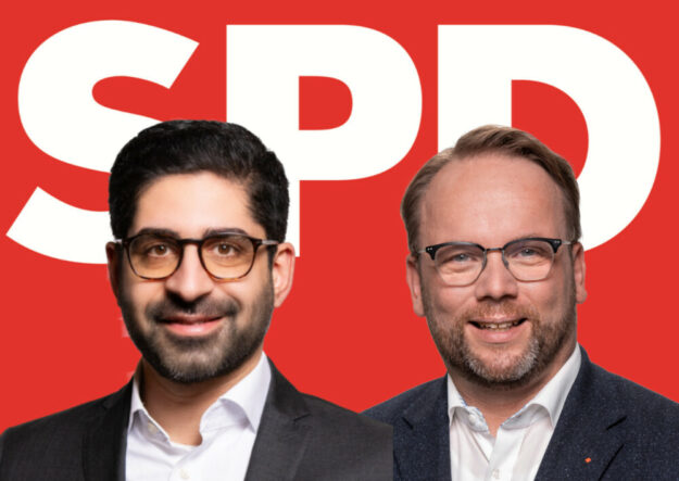 Die Bezirksvorsitzenden Kaweh Mansoori, SPD Hessen-Süd, und Timon Gremmels, SPD Hessen-Nord. Fotos: Paul Schneider | Hessische Staatskanzlei, photothek.net / Montage: gsk