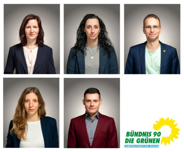 Die bündnisgrüne Fraktion im Hessischen Landtag mit Kaya Kinkel, Vanessa Gronemann, Chrisoph Sippel, Julia Herz und Sascha Meier fordert Klarheit von Volkswagen. Logo und Fotos: N.N. | gruene-hessen.de