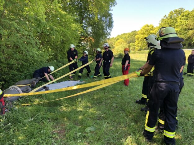 Es wird ernst: Pedro soll tierschonend und mit größtmöglicher Sicherheit für die Retter aus seiner misslichen Lage im Graben befreit werden. Foto: N.N. | Technische Großtierrettung, Aldenhoven