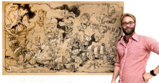 Schnellzeichner Daniel Stieglitz portraitiert Ausstellungsbesucher. Foto: N.N. | Caricatura Galerie