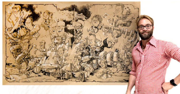 Schnellzeichner Daniel Stieglitz portraitiert Ausstellungsbesucher. Foto: N.N. | Caricatura Galerie