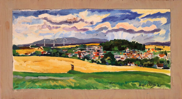 Sicht auf Willingshausen; Leinwand 31 cm x 56 cm; 2025. Künstler: Archi Galentz