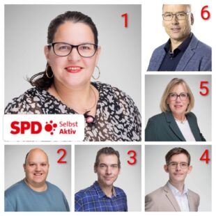 Im Gegenuhrzeigersinn: Katja Hofmann Körle; Daniel Diebel, Schwalmstadt; Klaus Astheimer, Schwalmstadt; Max Felker, Schwalmstadt; Monika Vaupel, Melsungen; und Thomas Grundmann, Edermünde. Montage: N.N. | pm, SPD Selbst Aktiv
